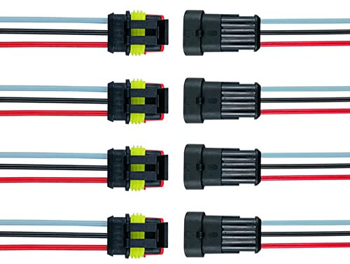 QitinDasen 4 Set 3 Broches Voiture Imperméable Électrique Connecteurs, Kit de Prise de Fiche de Connecteur Électrique Étanche Scellé avec 16 AWG Pré-Câblé, pour Voiture Camion Bateau