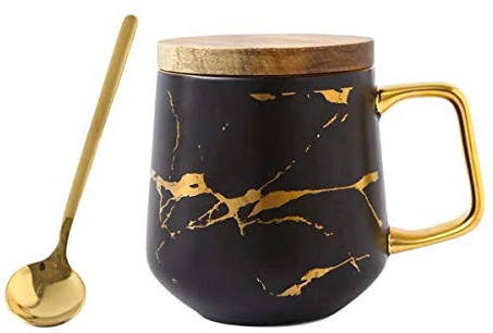 YBK Tech Ensemble de tasses à thé en porcelaine pour thé de l'après-midi – Motif marbre (noir, 400 ml + couvercle en bois)