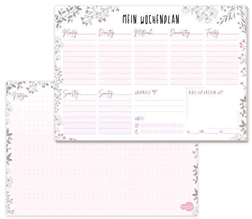 paper&you® A5 Wochenplaner Block [Blumen] 50 Seiten inkl. Notizblock auf der Rückseite - klimafreundlich und nachhaltig