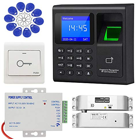 KDL Complete RFID Access Control System Fingerprint Access Controller Keypad, DC12V / 3A Power Supply Transformer, Electronic Bolt Lock with Exit Button, 125KHz ID Keyfobs for All Type of Doors