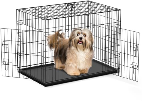 Nobleza Dog Crate Cage, 24in Folding Metal Puppy Small Dogs Cage with 2 Doors, Durable Pet Dog Car Crate with Carrier Handle, Chew Resistant Plastic Base Tray for Puppy Training, Black