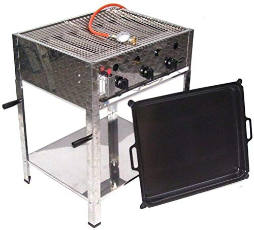 D&L Asador de gas profesional 55510 + juego de parrilla 511 + sartén 504 + carro 512 Set 6 Acero inoxidable AWZ Gas de 10 kW 3 quemadores de gas barbacoa