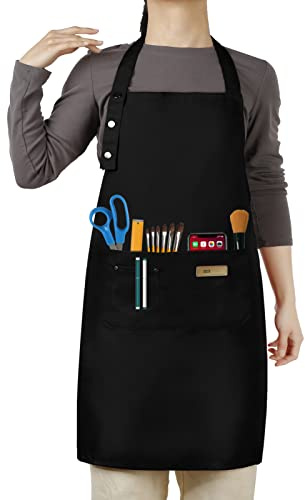 Hongsome Artist Apron,Paint Garden Pottery Teacher Painting Aprons for Adults Women 3 Pockets, Adjustable Bib Apron for Art Gardening Cooking Black