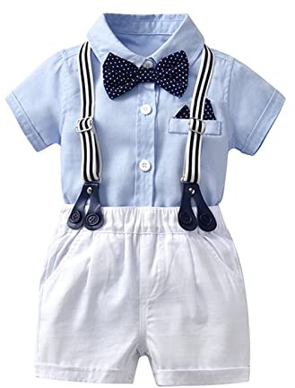 Volunboy Baby pojkar kostym set kläder skjorta med fluga hängslen shorts sparkdräkt kostym, Ljusblå, 18-24 månader