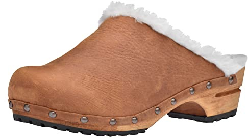 Sanita Hese | Sabots Ouverts | Produit Original Fabriqué à la Main pour Femme | Sabots en Cuir avec Semelle en Bois et Doublure en Laine | Matériaux durables | Marron | 39 EU