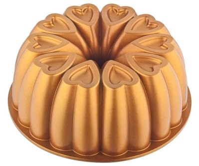 Generisch Kuchenform Herzform 25,4 cm – Antihaft Backform aus Aluminiumguss mit Titanbeschichtung – Bundt Cake Form gold – Herz Backform rund, langlebig & leicht zu reinigen