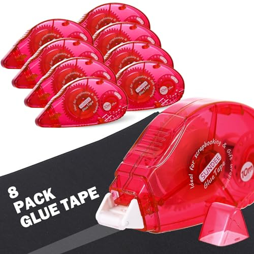 Red Glue Roller Tapes, 0.8cm x 10m Double-Sided Adhesive Tape Dispenser Runner - 8 Transparent Rolls for Gift DIY Crafts Art Projects