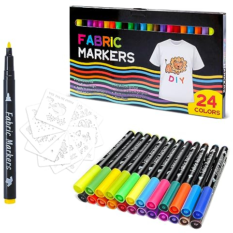Siumir 24 Textilstifte Waschmaschinenfest+ 10 Schablonen, Farben Textilfarbe, Waschfest Stoffmalstifte, Stofffarbe Textilmarker für Tshirts, Hut, Segeltuchschuhe, Einkaufstasche