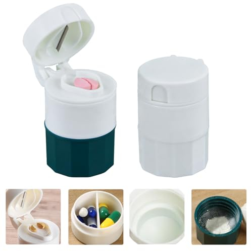 KASESSS 2 Pezzi Taglia Pastiglie 4 in 1, Taglia Pillole in Plastica, Trita Pastiglie Medicine Multifunzione Tagliapillole con Vano Portaoggetti Taglia Pillole di Precisione Portatile Frantuma Pillole
