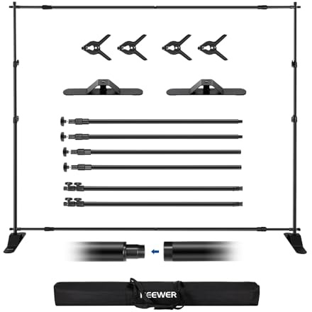 NEEWER Support de toile de fond robuste avec bases élargies, support de fond de 3 x 2,4 m avec 4 barres transversales, 2 poteaux télescopiques, 4 clips à ressort et sac de transport pour séance photo,