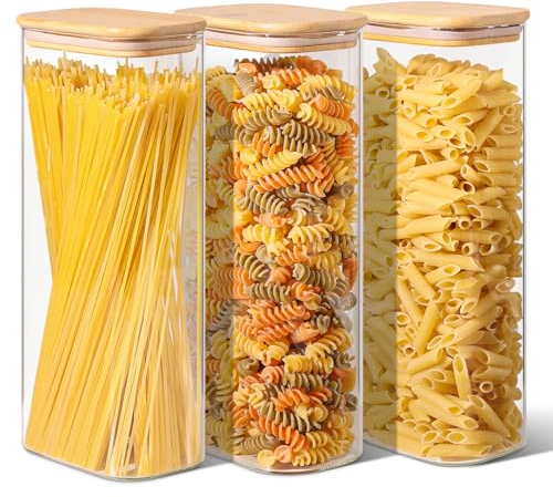 ComSaf 2,1 L Rechteckige Glasbehälter mit Deckel 3er Set,Vorratdosen Glas mit Deckel, Luftdichte Vorratsglas zur Küchenzutaten, Verratsgläser für Spaghetti, Nudeln, Mehl Vorratsgläser mit deckel