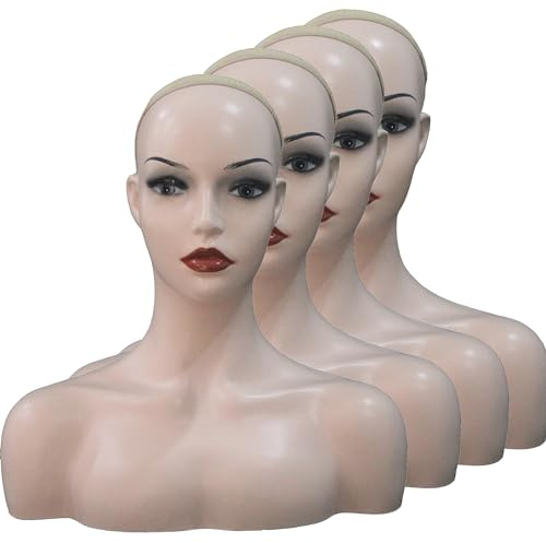 KimRuima Lot de 4 têtes de mannequin réalistes avec épaules pour perruques, chapeaux, écharpes, bijoux, maquillage, lunettes de soleil (beige avec lèvres rouges)