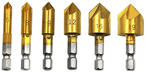 Treki 6 Stück Fasenfräser, 82 Grad, HSS, 1/4 Zoll Hex Fräser, 5 Flöte, Holzbohrer, Sechskantschaft, konisch, 6 mm/8 mm/9 mm/12 mm/16 mm/19 mm, Bohrung, Titan, beschichtet