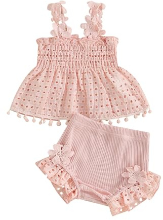 Himllauen 2 Pezzi Completo per Neonata Abito Senza Maniche Traforo +Pantaloncini Ruffle Body Neonata Estivi con Fiori alla Moda Carini per 0-18 Mesi