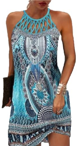 GRMLRPT Robe Femme d'Été sans Manches Boho Mi-Longues Style Ethnique Élégant Imprimé Mesh Rétro Neckholder Loisirs Robes de Plage(Bleu,XL)