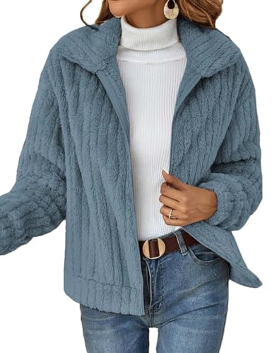 HUXRAKV Manteaux Femme Hiver Veste Courte d'automne en Peluche Blousons avec Poches Zippée Manteau Polaire à Revers,WD20-Bleu,S