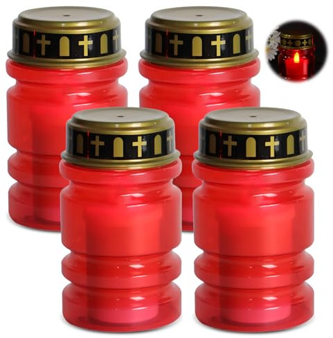 Velas LED para tumbas con parpadeo rojo: 4 unidades LED para exteriores, IP44, resistente al agua, sin llama, funciona con pilas, vela de cementerio, farol para tumba