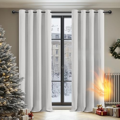 Deconovo Tende Oscuranti per Interni 2 Pezzi 290 CM Altezza, Termiche Isolanti, Anti-Rumore, con Anelli, Ideali per Camera da Letto e Soggiorno, 140x290 CM, Bianco Sporco
