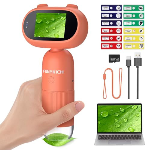FUNYKICH Handheld Mikroskop für Kinder, 2,0 IPS Bildschirm 500X-1000X tragbares Taschenmikroskop mit 32G Speicherkarte 8 LED Licht, Foto und Videoaufnahme, Anschluss an PC Digitales Kindermikroskop