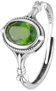 AZfilter - Anillo ajustable de plata de ley S925 con diopside chapado en cromo, 7 x 5 mm, color verde esmeralda, con corte de cojín, solitario abierto para mujer, joyería regalo, Plata de ley, Plata