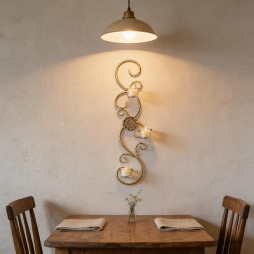 SOFE Large Gold Metal Wall Sconce Candle Holder, 24 Tall Scroll 3-Pillar/Tealight/Votive Candle Holders, Living Room, Bedroom, Dining Room Vintage Stylish Home Decor, 1 Piece