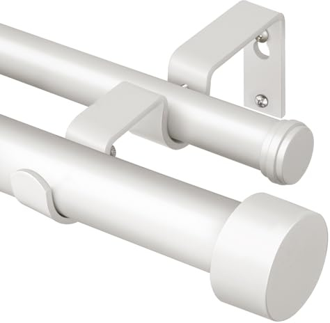 KAMANINA White Double Curtain Pole, 90-182 cm Extendable Curtain Poles | Double Curtain Rod, Adjustable, Wall Mounted, Metal, 25mm Diameter, Heavy Duty, Load 15KG, with Cap Finial, for Door, Bedroom