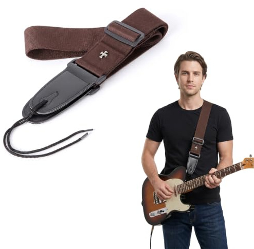 DTDULL Sangle Guitare Acoustique et Electrique en Coton Reglable, Sangle avec Extremites en Cuir, Compatible Guitare Classique Folk et Electrique, Marron, Durable pour Concert et Pratique