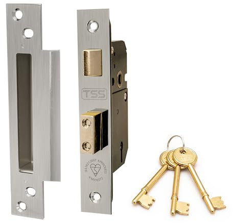 TSS High Security 5 Lever British Standard Mortice Sashlock with 3 Keys and Fixings, 3 (81mm) Satin Chrome (Silver), Insurance Approved for External Doors, British Standard BS3621:2007