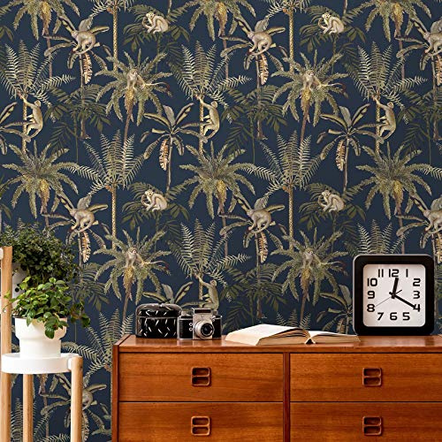 World of Wallpaper Amazonia Monkey Trees Jungle Wallpaper (Navy Blue)