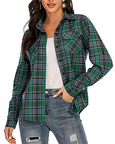 Enjoyoself dam, rutig blus, långärmad, rutiga flanellskjortor, 100 % bomull, button-down skjortblus för vardag och oktoberfest, Grön-blå, S