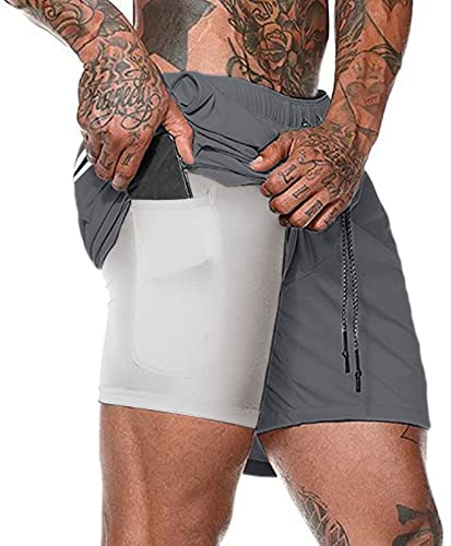 EDOTON Men's Workout Running Shorts, 2-in-1 Quick Drying Breathable Lightweight Built-in Compression Liner Athletic Gym Exercise Training Jogging Short Pants with Back Zipper Pocket Dark Grey