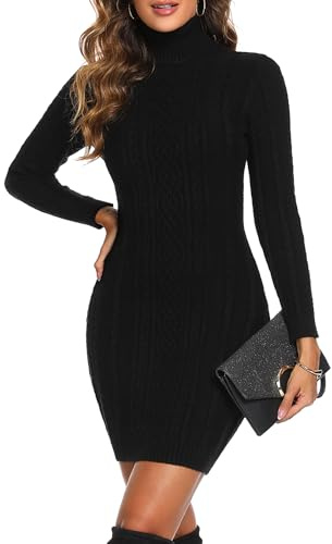 Aottori Robe Pull à Col Roulé Femme Élégante Décontractée Hiver Robe Mi-Longue Moulante Chaude Robe en Tricot Casual Pullover Noir M