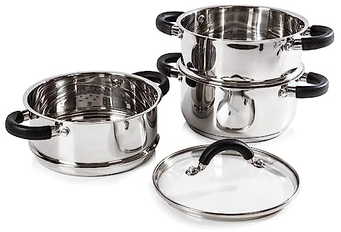 Tower T80836 Essentials Dampftopf Induktion - Dampfgarer Topf 3-Lagig mit Glasdeckel und Silikongriffen - Kartoffeldämpfer Dampfgarer Edelstahl mit Polierter Hochglanzoberfläche 18 cm - Silber