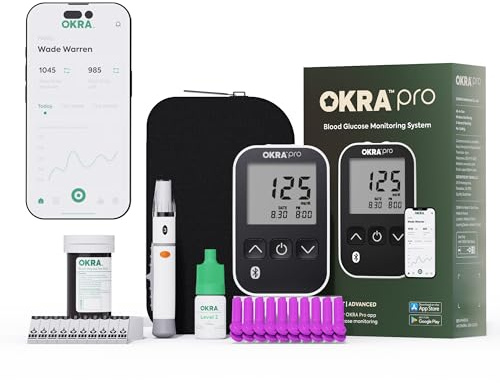 OKRA PRO Blood Sugar Monitor Kit – 5s Fast Glucose Results, No Coding, Strip Ejection, App for Tracking, 25 Test Strips, Home Diabetes Testing