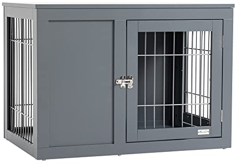 PawHut Furniture Style Dog Crate for Small and Medium Dogs, End Table Pet Cage with Two Lockable Doors - Grey