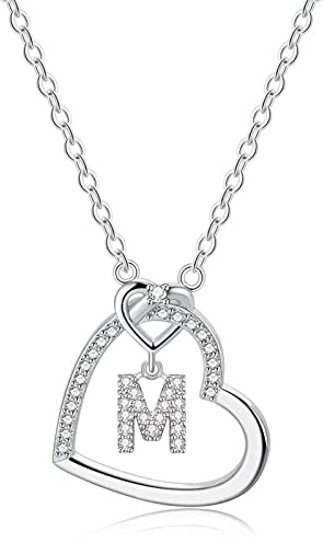 LIHELEI Collier pour Femme, 26 lettres Majuscule Zircon Argent S925 Collier Coeur pour Les Femmes Fille Dame Anniversaire Cadeau de Noël - M