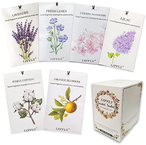 LIFFLY 14 Packs Scented Sachets for Drawers and Closets Lavender Fresh Linen Cherry Blossoms White Cotton Lilac Orange Blossoms 6 Different Scent Gift