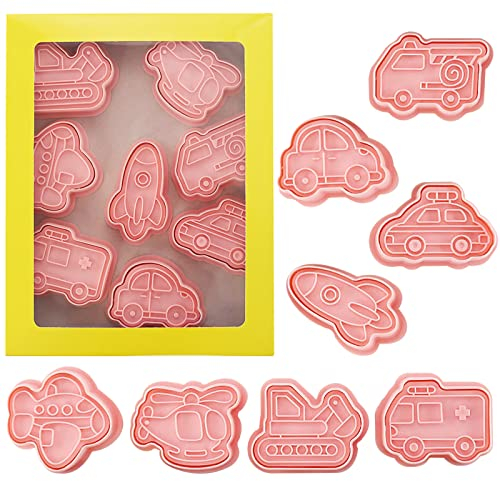 TONAUP Cartoon Fun Biscuit Moulds, 8Pcs Vehicle Cookie Cutter Stamp Set, Cookie Cutters for Kids, 3D Cookie Cutters Shapes, Biscuit Cutters for Baking, Biscuit Cutter Stampers Emboss
