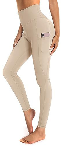 OUGES Damen Sport Leggings High Waist Leggins Yogahose Blickdichte Sporthose mit Taschen (Khaki,M)