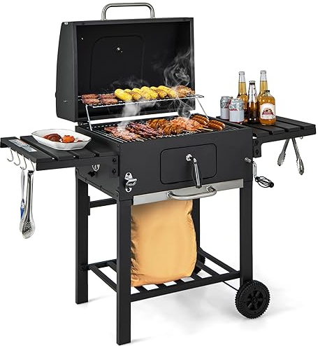 GOPLUS Barbacoa de carbón vegetal con tapa, carro de barbacoa con 2 ruedas con 2 mesas laterales plegables, 8 ganchos, termómetro y abrebotellas, barbacoa para picnic, fiesta, camping, jardín y