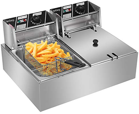 Double Deep Fat Fryer 21.6 Litre, Electric Deep Fryer Easy Clean w/Basket & Lid, 22.8QT Countertop Stainless Steel Commercial Kitchen Fat Fryer Frying Machine for Chips French Fries Donut, 220V 5000W