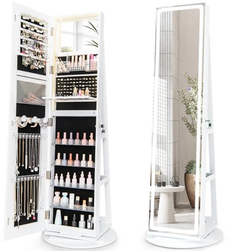 COSTWAY Armoire à Bijoux avec Miroir sur Pieds, Pivotant 360°, Grand Miroir Psyché Sans Cadre avec LED, Verrouillable, Placard Beauté, 3 Étagères, Serrure, Rangement Bijoux Style Nordique, Blanc