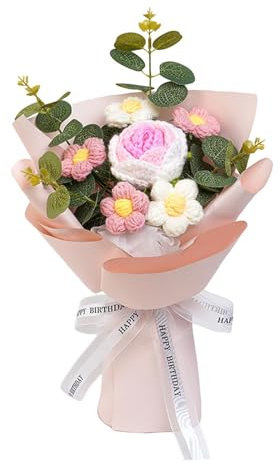 Qianly Bouquet de Fleurs au Crochet, Fleur tricotée, Fleur à Tricoter, Cadeau de Saint-Valentin pour Anniversaire, Rose