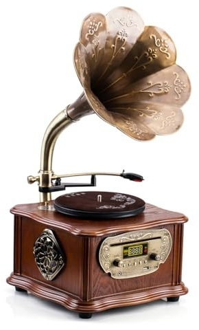 Holz Retro Plattenspieler mit Bluetooth, Grammophon und CD-Wiedergabe, Radio & Fernbedienung