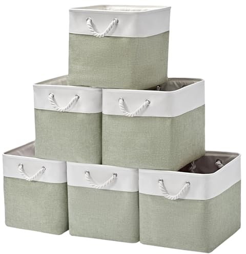 ISEMINGLA 13 x 13 Inch Extra Large Storage Cubes,6 Pack Cube Storage Bins for Shelves，Fabric Collapsible Storage Bins with Handles, Foldable Storage Basket for Organizing Clothes, Toys (White&Green)