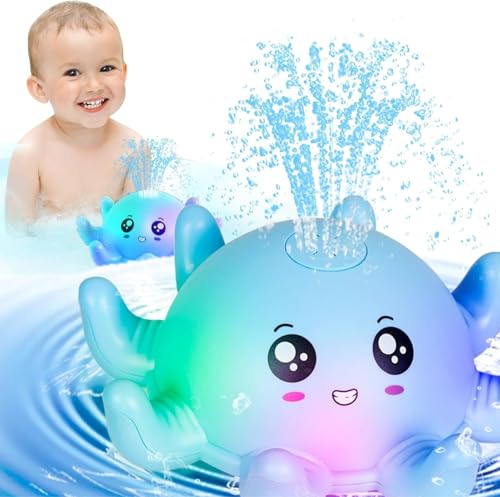 Badewannenspielzeug Baby Wasserspielzeug mit Licht,Oktopus Wasserspielzeug Schwimmende Baden Spielzeug Automatische Induktion Spray Wasser Badespielzeug ab Kinder 1 2 3 Jahr (Blau)