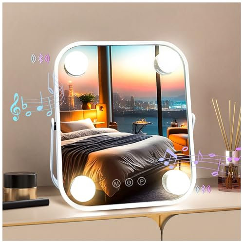 OKA Hollywood Schminkspiegel LED Spiegel mit Beleuchtung Klein, Bluetooth Beleuchteter Kosmetikspiegel mit 4 Dimmbar Licht 3 Lichtmodi Vanity Tischspiegel für Schminktisch Schreibtisch Reise