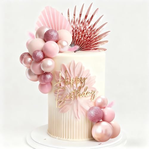 26 decoraciones para tartas, globos negros y dorados con abanico de palma de papel, decoración de pasteles, decoración de postres para bodas, cumpleaños, aniversarios, vacaciones (oro negro) (bola