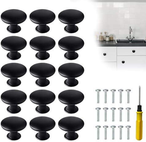 15 Pcs Black Drawer Knobs 30mm, Vintage Cabinet Handles With 15 Screws and Screwdriver for Wardrobes, Kitchen, Cupboard, Furniture