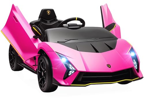 AIYAPLAY Coche Eléctrico para Niños de +3 Años Lamborghini Autentica 2 Motores Potentes Coche Eléctrico con Batería 12V Velocidad 3-5 km/h Mando a Distancia 2,4G Faros Bocina Arranque Suave y MP3 Rosa